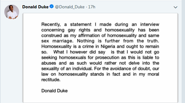 Statement by presidential aspirant Donald Duke about homosexuality