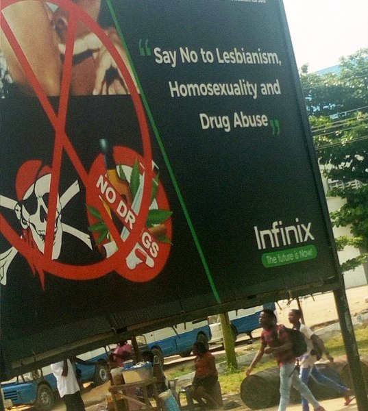 Infinix billboard tells university students that homosexuality and lesbianism are the equivalent of drug abuse. (Photo courtesy of Facebook)