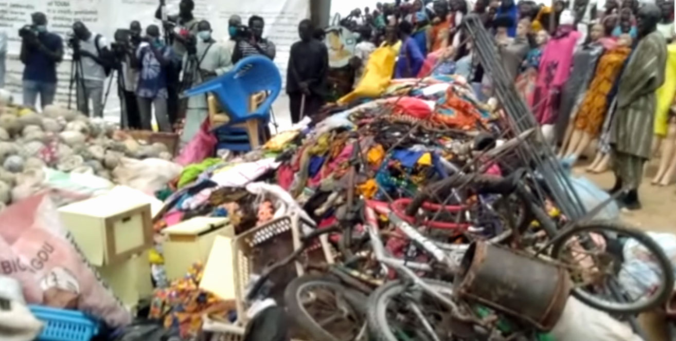 In September 2020, religious police in Touba, Senegal, displayed illegal items they seized in a crackdown on objects and activities that are illegal in the holy city. Items on display include a pile of footballs (lower left) and an array of dresses on mannequins (upper left). They also arrested 10 alleged homosexuals. (Image from a video by Seneweb TV on YouTube)