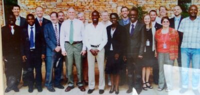 <strong>Jerry P. Lanier (fourth from left in the front row), former U.S. ambassador to Uganda (2010–2012), after meeting gay rights activists at the height of gay persecution in Uganda. He was urged to speak out forcefully against hatred as embodied in the infamous Anti-Homosexuality Bill, which was passed in 2013, was enacted in 2014, and was annulled that same year by the country's Constitutional Court. (UhspaUganda file photo)</strong>